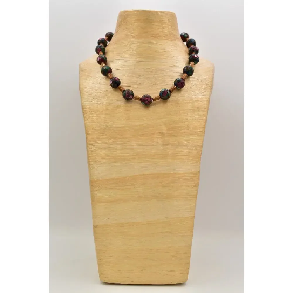 Vintage Mosaic Faceted Marble Beaded Necklace Multi-Color Chunky 1960s BinBD